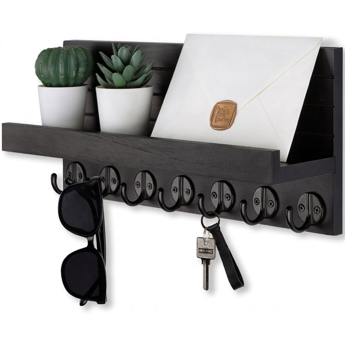 Wood Wall-Mounted Key & Mail Holder with 7 Hooks and Shelf