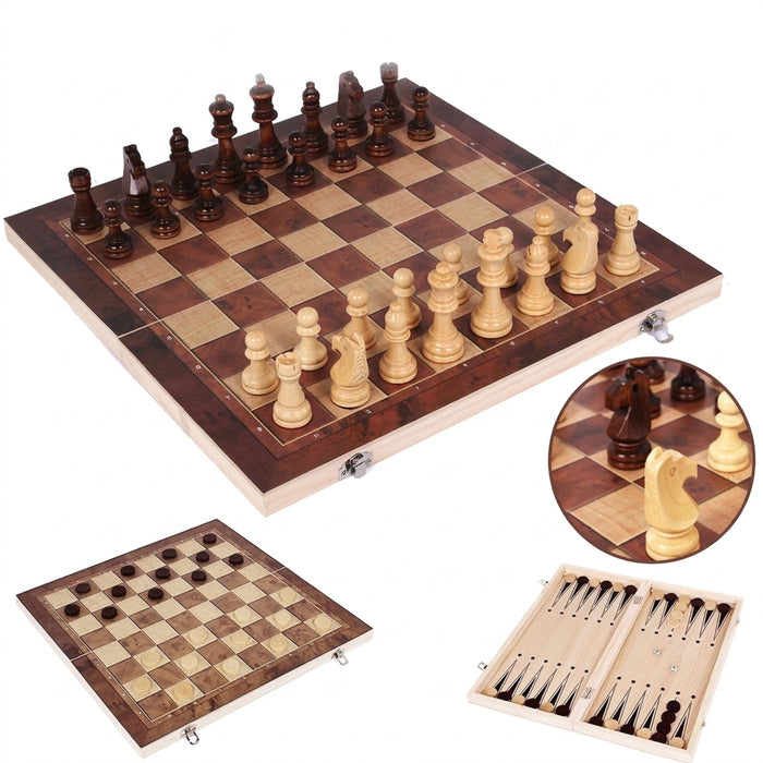3-in-1 Wooden Travel Games Set – Chess, Checkers & Backgammon (Five Sizes)