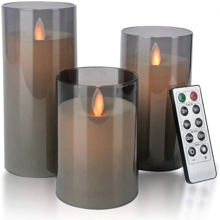 Set of 3 LED Glass Flameless Candles with Remote & Timer — 3 Sizes, 3 Colours