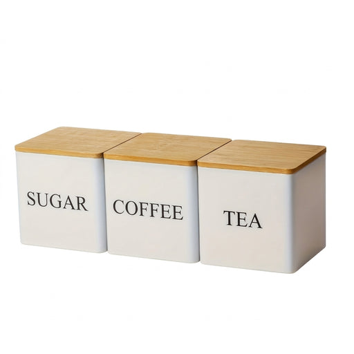 Set of 3 Metal Canisters with Bamboo Lids – 500ml Coffee, Tea & Sugar (Black or White)