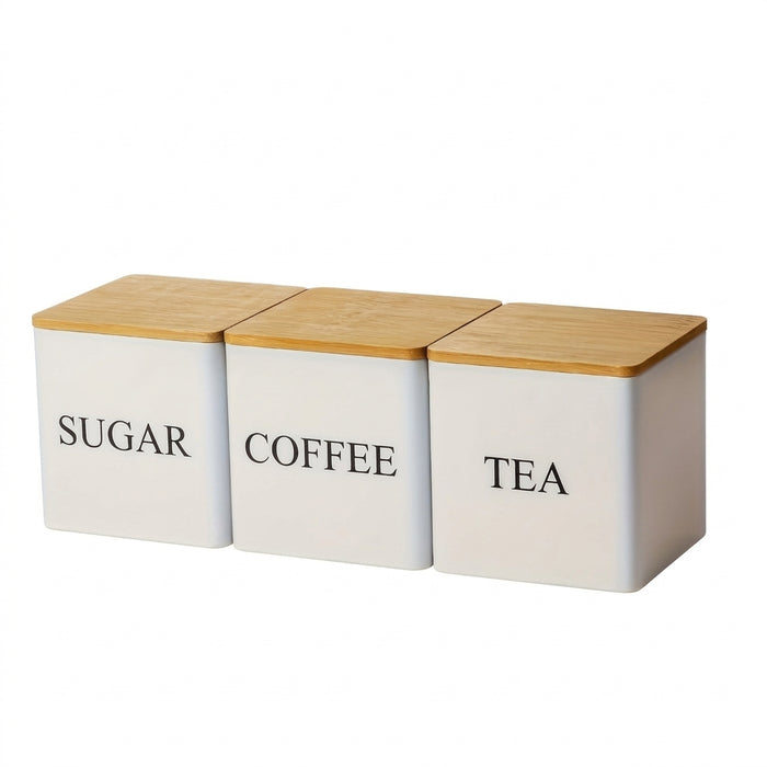 Set of 3 Metal Canisters with Bamboo Lids – 500ml Coffee, Tea & Sugar (Black or White)