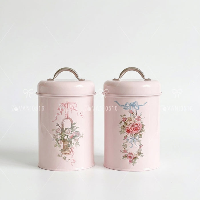 Pink Metal Canister Tins – Pack of Two – Tea, Coffee & Sugar Storage (18 x 10.5 cm) Airtight