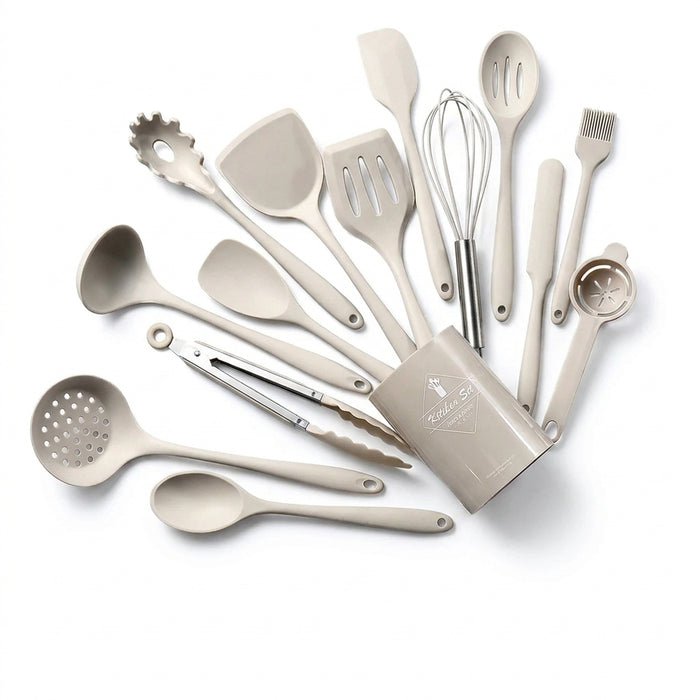 15-Piece Khaki Silicone Kitchen Utensil Set — Food-Grade Cookware Tools