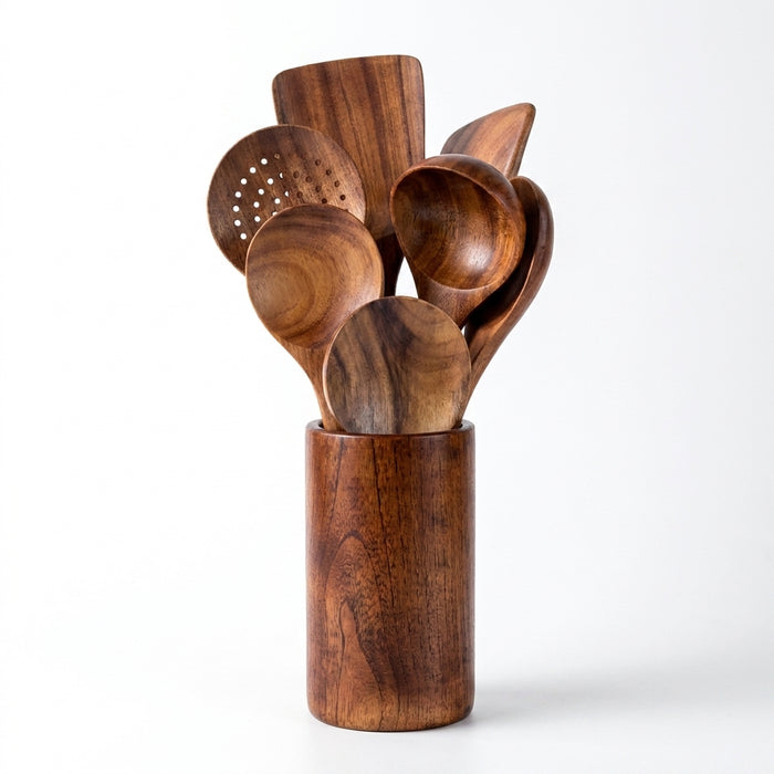 Natural Teak Wooden Kitchen Utensil Set — Modern, Eco-Friendly