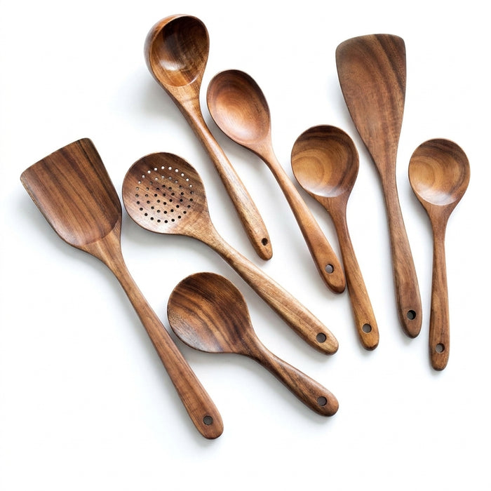 Natural Teak Wooden Kitchen Utensil Set — Modern, Eco-Friendly