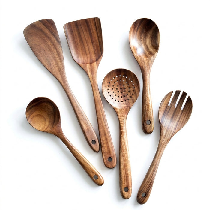 Natural Teak Wooden Kitchen Utensil Set — Modern, Eco-Friendly