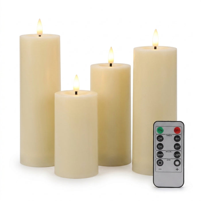 Outdoor Flameless LED Pillar Candles with Remote & Timer — Yellow Flicker, Battery-Operated (3/4pc)