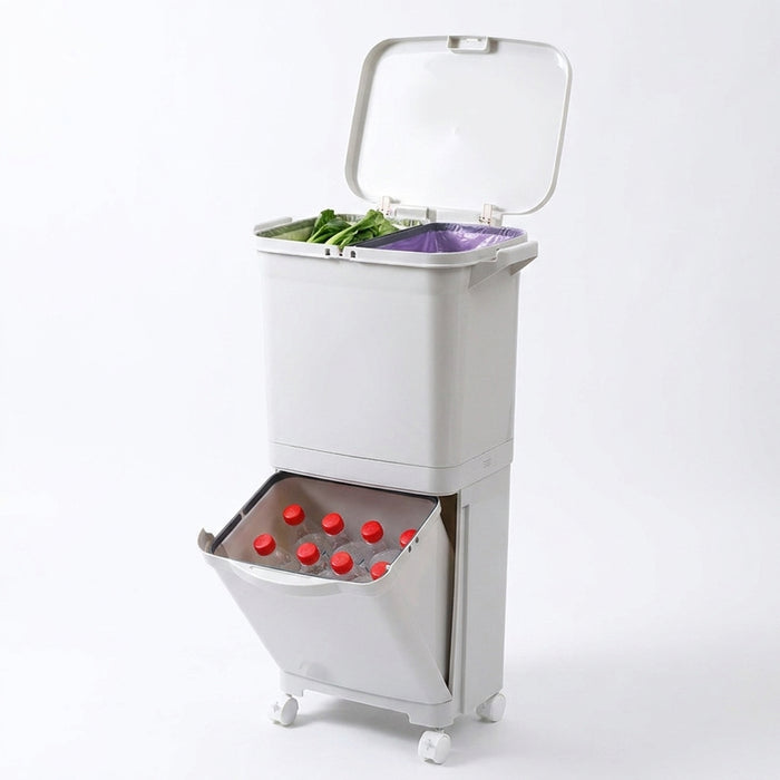 38 L Two-Tier Waste Bin with 4 Casters, White — 42 x 28.2 x 73 cm