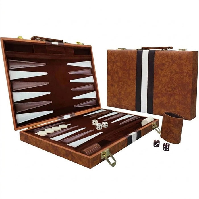 38cm (15") Backgammon Set – Folding Board with Leather Case, Portable Travel Game, Gift for Strategy Lovers