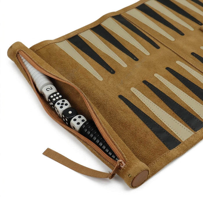 Portable Roll-Up Chess & Backgammon Set with Suede Case and Black & White Pieces