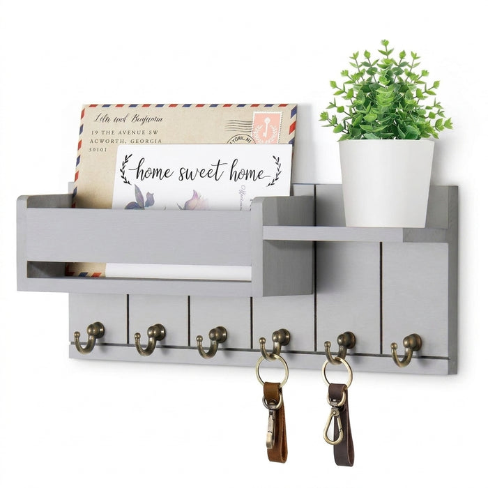 Wooden Wall-Mounted Key Rack & Mail Organiser — 6 Hooks