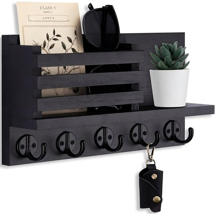 Wall-Mounted Wooden Key & Mail Rack with 5 Metal Hooks, Fittings Included