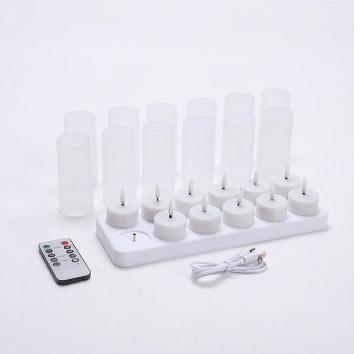 Rechargeable LED Tea Lights – Pack of 12, Black Wick, Remote-Controlled Flame-Effect