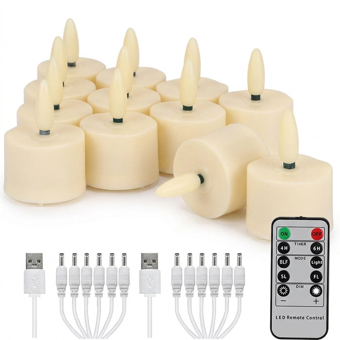 12-Pack Rechargeable LED Tea Lights — USB Charge, Remote & Timer, Warm White
