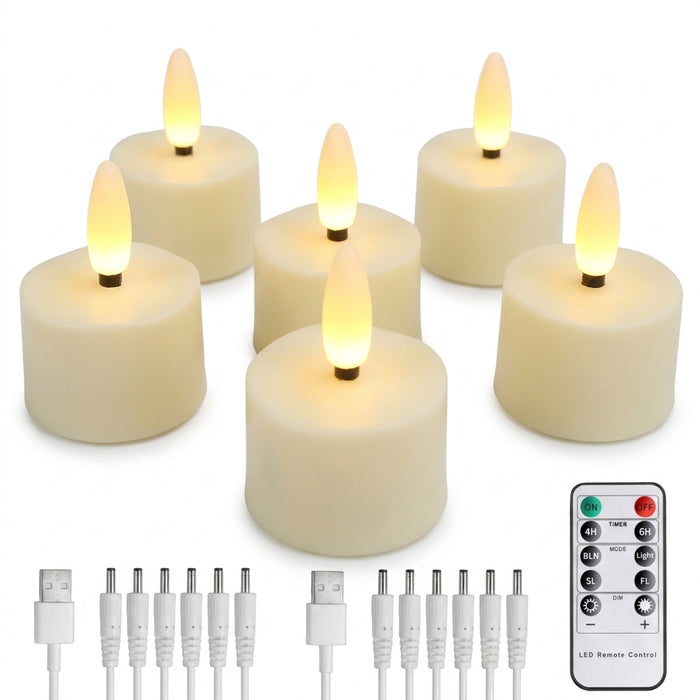 Rechargeable Flameless LED Tea Lights with Remote & Timer — 3D Flicker, 2700K