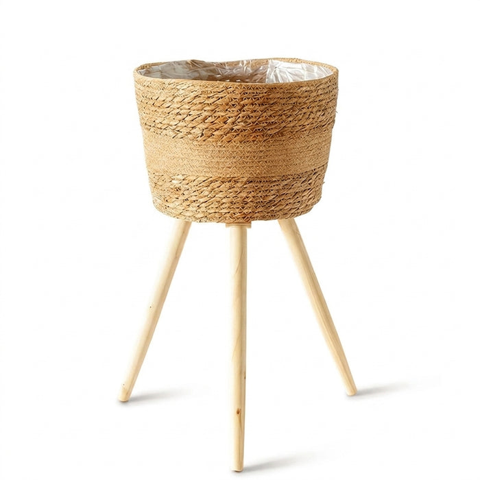 Floor‑standing Rattan Plant Stand with Wooden Legs — Indoor Pothos Holder