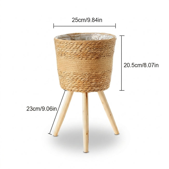 Floor‑standing Rattan Plant Stand with Wooden Legs — Indoor Pothos Holder