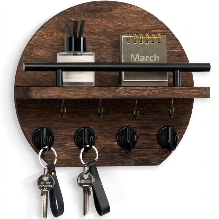 Wooden Wall-Mounted Key & Mail Holder with 8 Key Hooks and Shelf for Sunglasses & Dog Lead