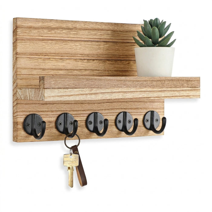 Wall-mounted Key and Mail Shelf with 5 Hooks - Wooden Entryway Rack