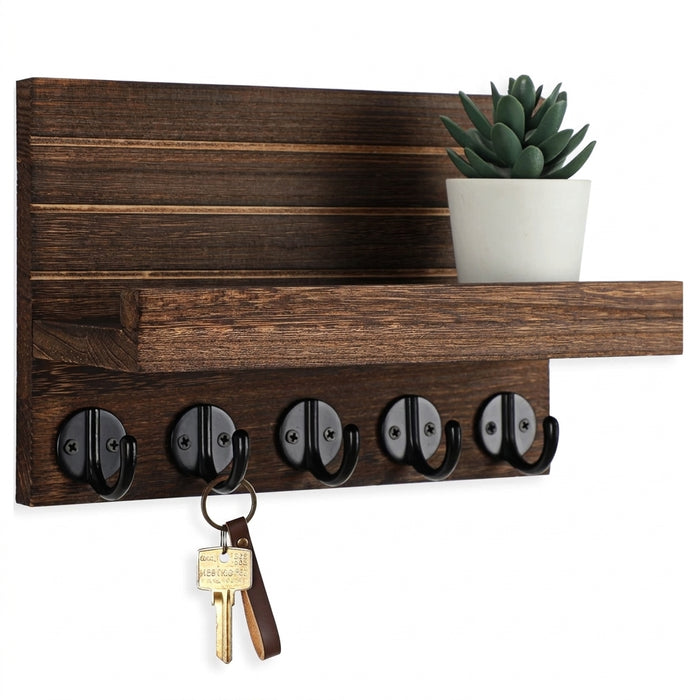Wall-mounted Key and Mail Shelf with 5 Hooks - Wooden Entryway Rack