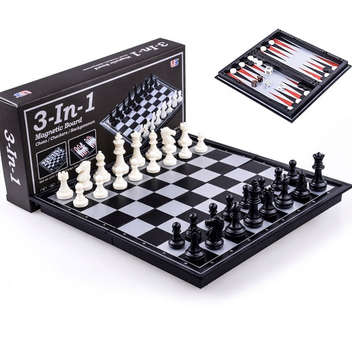 25cm Foldable Magnetic 3-in-1 Game Board — Chess, Checkers & Backgammon