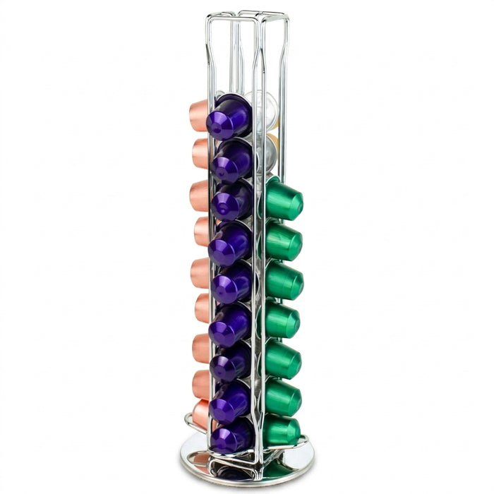 Silver Rotating Coffee Capsule Rack – 360° Base, Holds 40 Pods