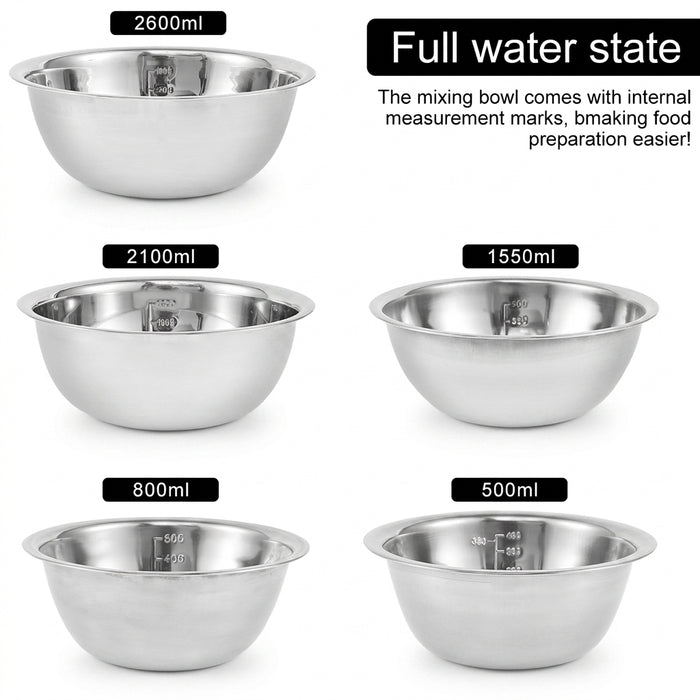 5-Piece Stainless Steel Mixing Bowl Set — Nesting, 2600–500ml