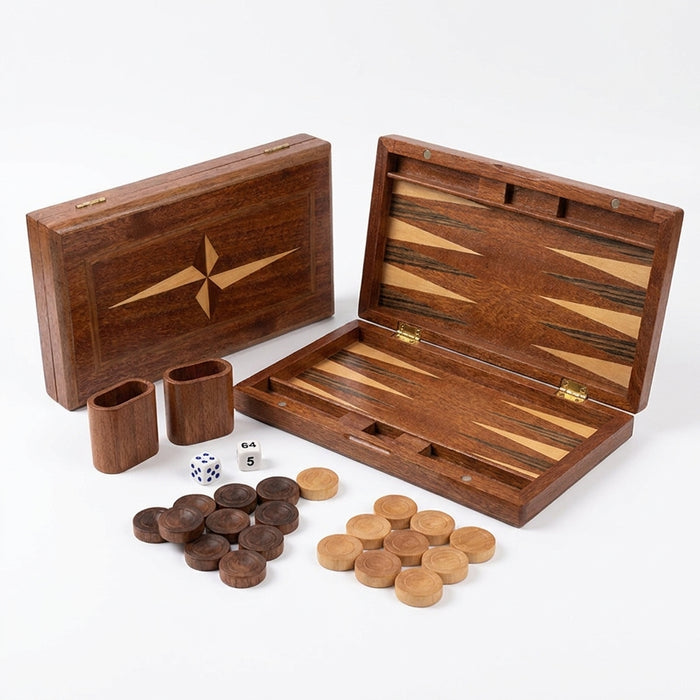 Solid Mahogany Veneer Backgammon Set – Foldable Tabletop Game for Family Entertainment