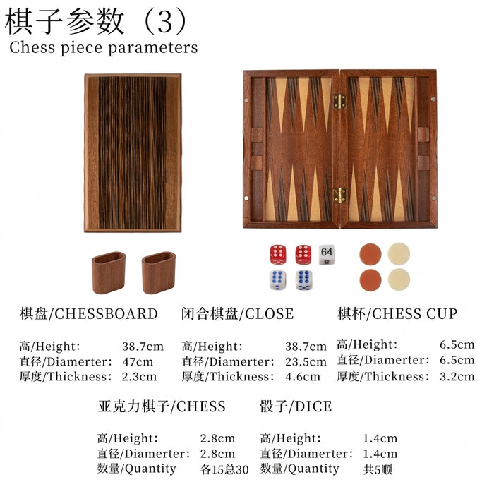 Solid Mahogany Veneer Backgammon Set – Foldable Tabletop Game for Family Entertainment