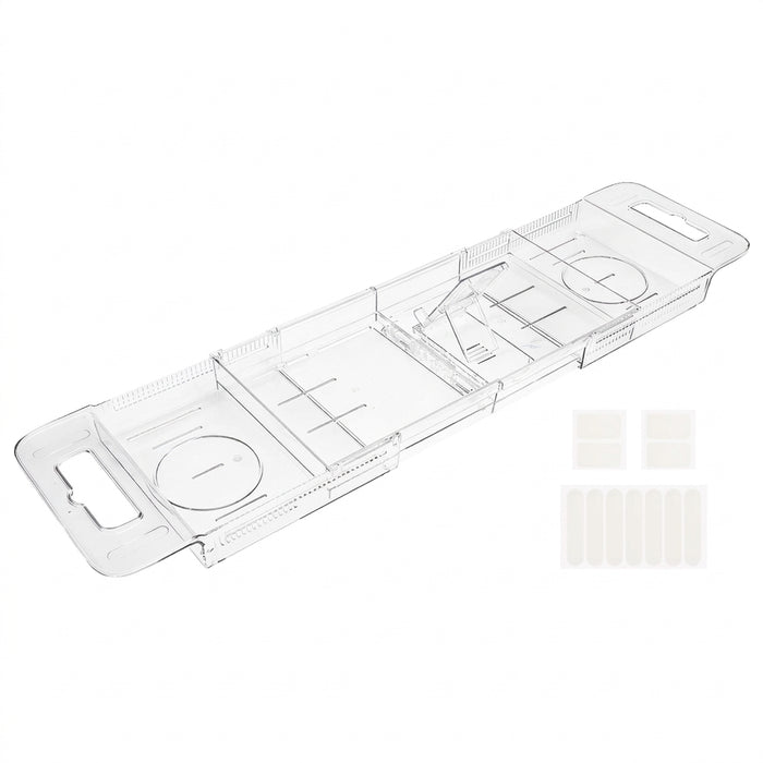 Expandable Transparent PET Bathtub Caddy Tray – Adjustable Bath Shelf with Cup Holders