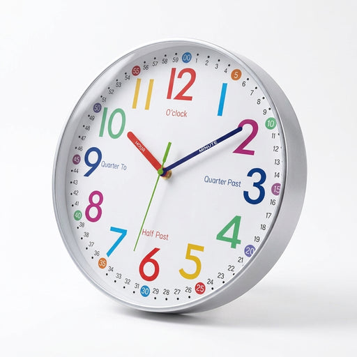 12-Inch Children's Educational Quartz Wall Clock, Silver Frame