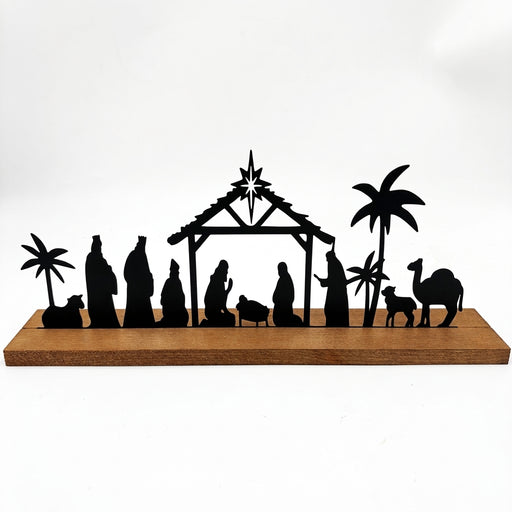 Black Metal Nativity Scene with Wooden Base, 32.7 cm Christmas Table Decoration