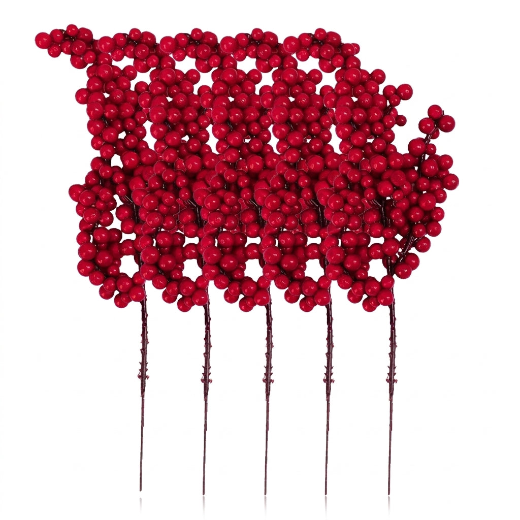 Artificial Red Holly Berry Stems for Christmas Tree and Home Decorations