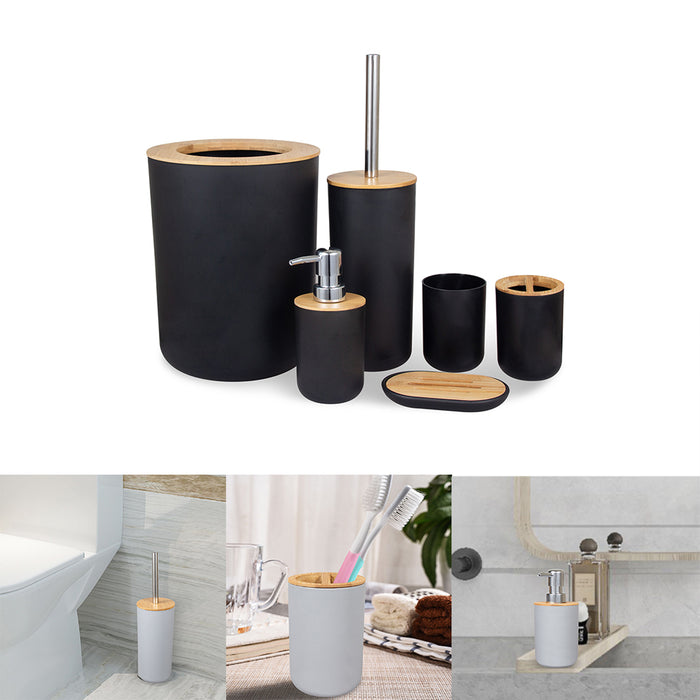 6-Piece Bamboo & Plastic Bathroom Set — Bin, Toilet Brush, Lotion Pump, Soap Box, Toothbrush Cup & Mouth Cup