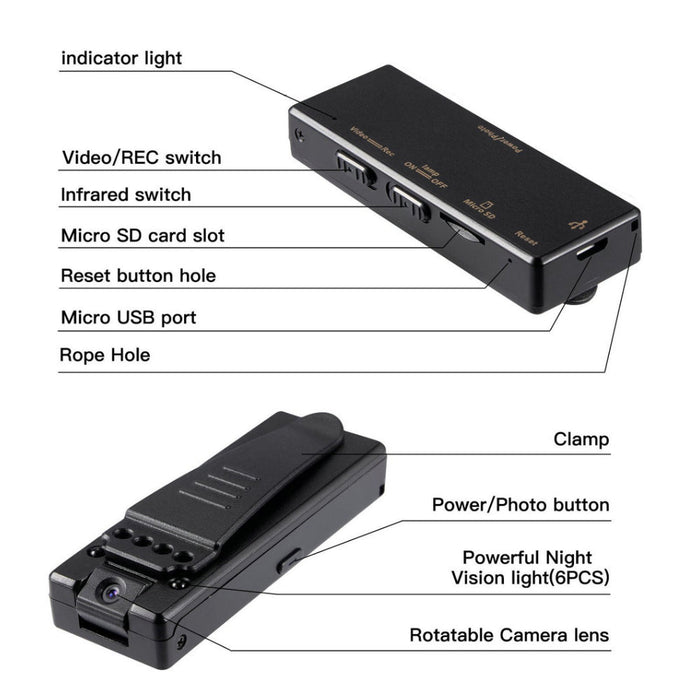 Z8 Mini HD Camera - 1080P Back Clip Night Vision Micro USB Camera, Small and Portable - Ideal for Discreet Surveillance and Recording - Shopsta EU